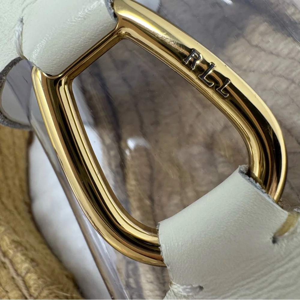 Lauren Ralph‎ Lauren White Leather Bena Wedge Espadrilles Size 7.5 Gold-tone